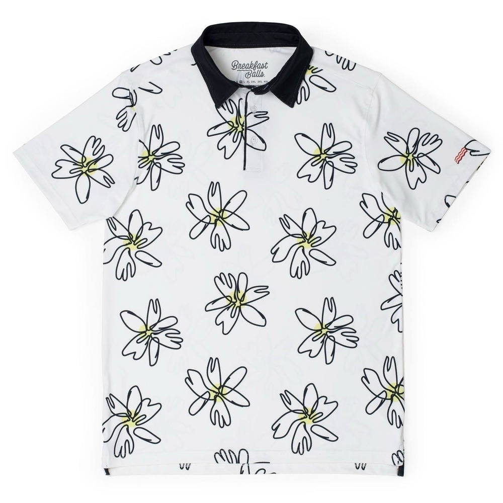 Breakfast Balls Roosvlts Shirt Mens M White Black Flower Doodle Golf Polo - Picture 8 of 8
